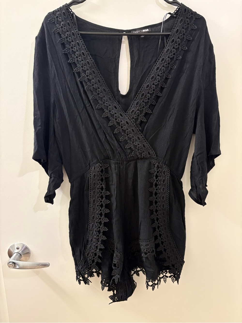 Fashion Nova Black Crochet-Trim Wrap Romper